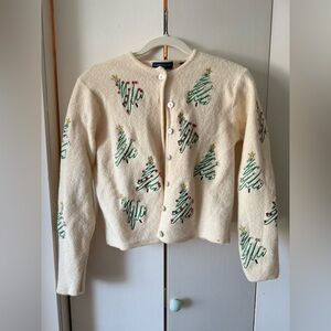 Karen Scott Cream Cardigan w Tree Design - Vintage Christmas Sweater 100% Wool